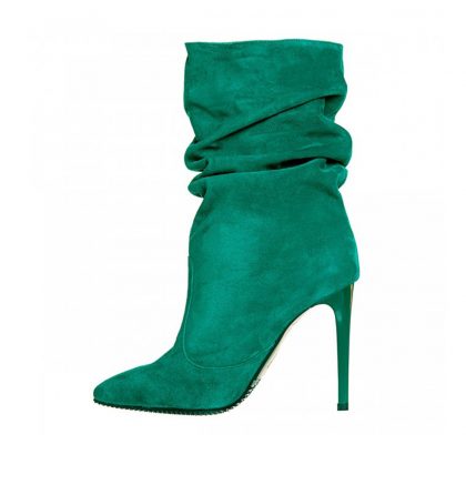 Botine elegante fronsate din piele intoarsa verde crud