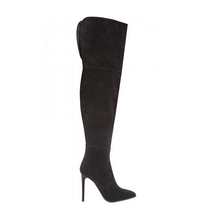 Cizme stiletto muschetar din piele intoarsa neagra