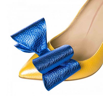 Pantofi dama cu toc gros din piele metalizata galbena si albastra