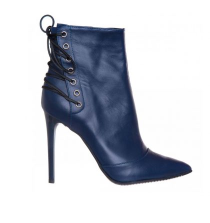 Botine stiletto bleumarin din piele naturala accesorizate cu siret