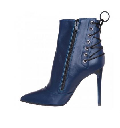 Botine stiletto bleumarin din piele naturala accesorizate cu siret