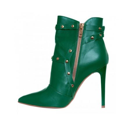 Botine stiletto dama din piele verde accesorizate cu capse