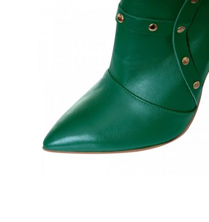 Botine stiletto dama din piele verde accesorizate cu capse