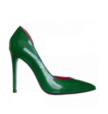 Pantofi decupati stiletto din piele verde croco