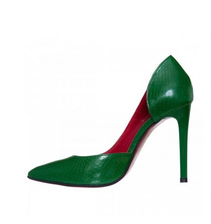 Pantofi decupati stiletto din piele verde croco