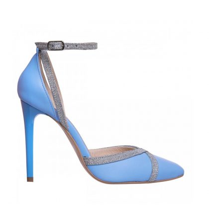 Pantofi bleu stiletto din piele naturala cu insertii din glitter argintiu